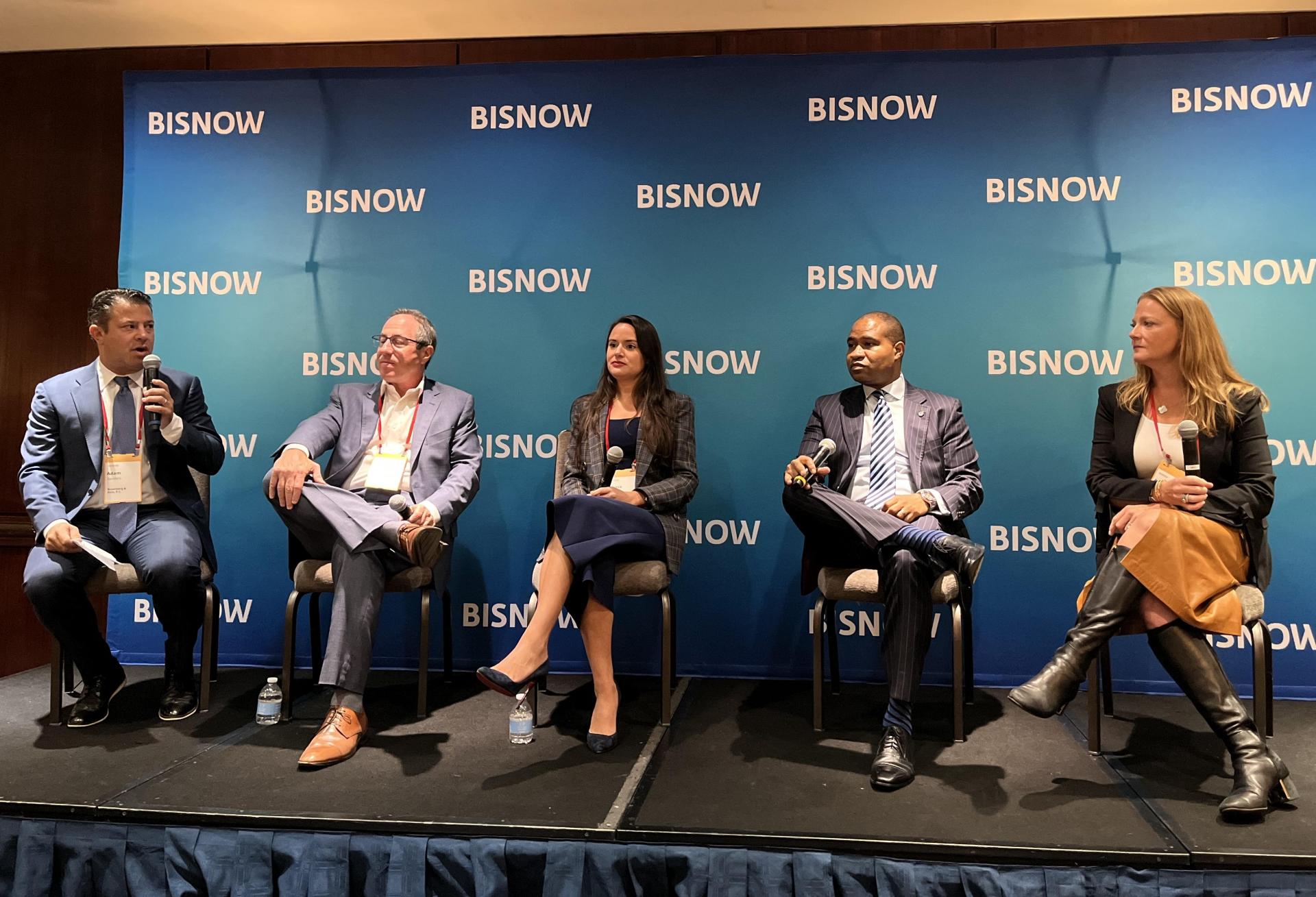 Rosenberg & Estis' Adam Sanders, Brown Harris Stevens Development Marketing's Stephen Kliegerman, Bozzuto Management's Alyssa Boyle, Rockrose's Alyssa Brennan and RXR's Jarrod Whittaker onstage at Bisnow's New York Multifamily and Residents of the Future event.