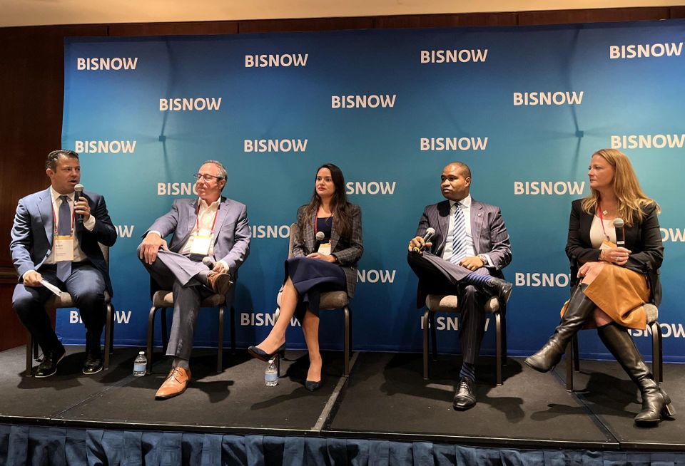 Rosenberg & Estis' Adam Sanders, Brown Harris Stevens Development Marketing's Stephen Kliegerman, Bozzuto Management's Alyssa Boyle, Rockrose's Alyssa Brennan and RXR's Jarrod Whittaker onstage at Bisnow's New York Multifamily and Residents of the Future event.