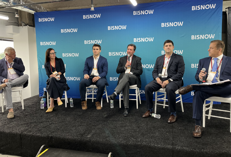 RXR's Joseph Graziose, Sr.,Community Development Corporation of Long Island's Gwen O'Shea, TRITEC Real Estate Company's Jimmy Coughlan, H2M Architects and Engineers's Rich Humann, JLL's Steve Simonelli and Amato Law Group's Al Amato onstage at Bisnow's 2024 Long Island State Of The Market event.