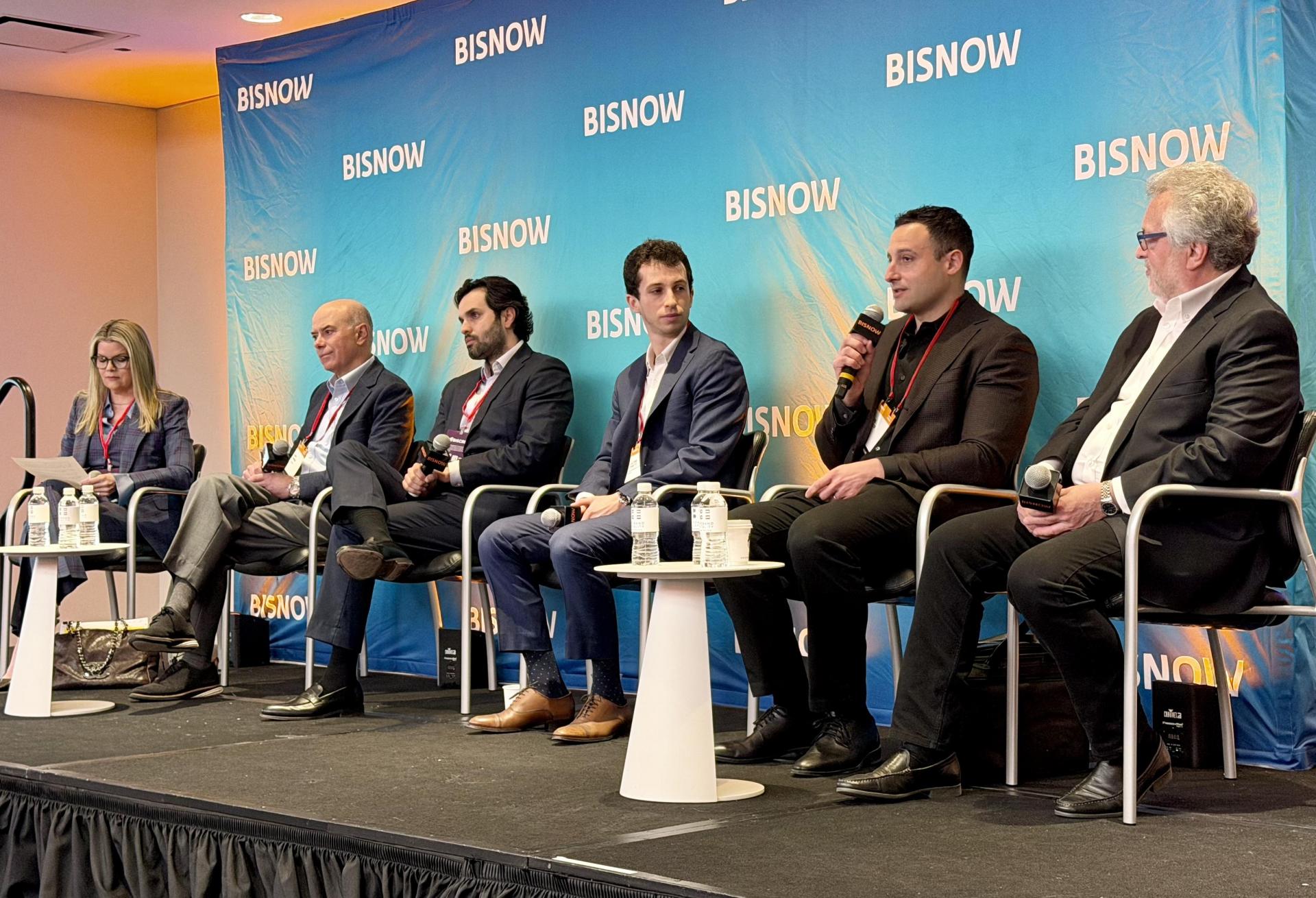 Blank Rome's Christy Reuter, HEI Hotels' Tony Larino, Besen Hotel Advisory Group's Anudeep Gosal, Union Square Hospitality Group's Jacob Dinetz, Marriott's Jake Pinsof and LW Hospitality Advisors' Daniel Lesser onstage at Bisnow's 2026 National Hospitality Conference.