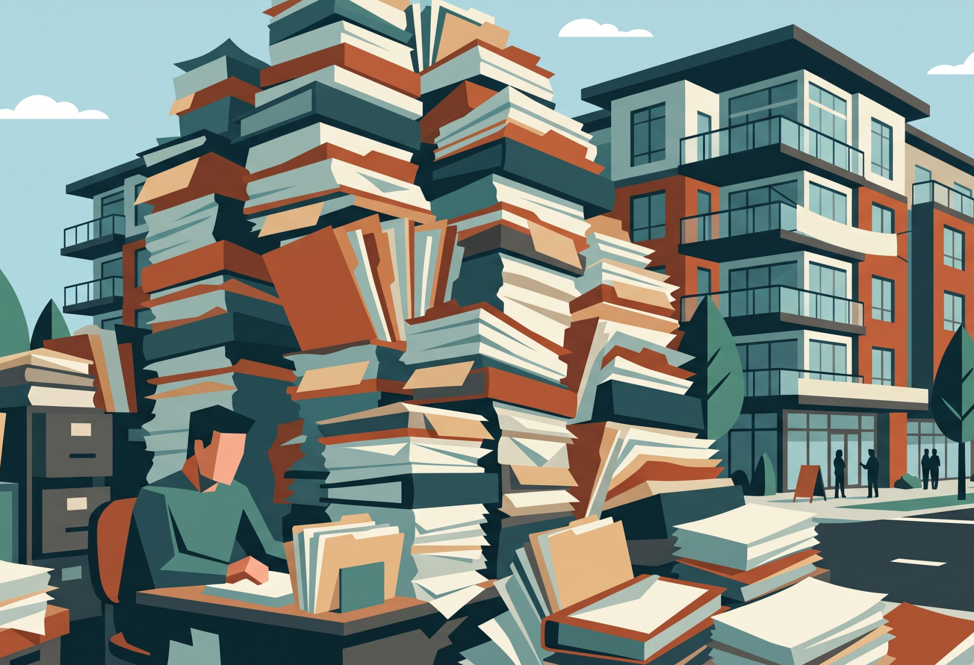 buried in paperwork in front of apartments