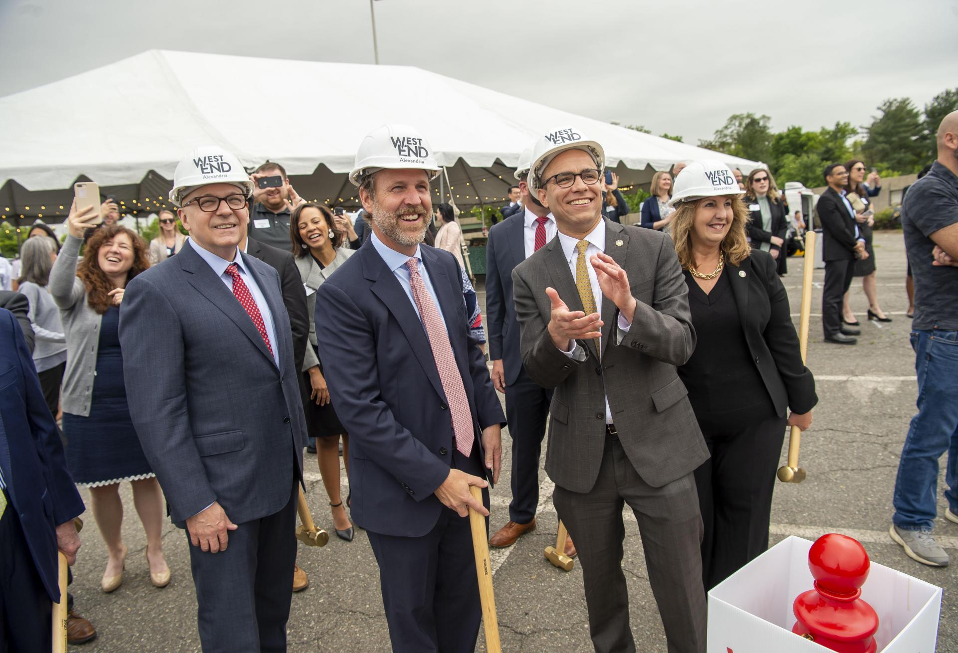 Dr. J Stephen Jones (Inova), Cameron Pratt (Foulger-Pratt), Alexandria Mayor Justin Wilson and Vice Mayor Amy Jackson at the demolition of the Landmark Mall, which has been rebranded WestEnd Alexandria.