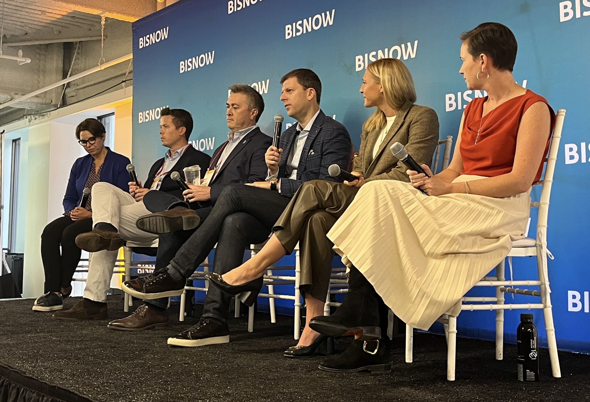 BXP's Heather Kahn, Convene's Brian Holland, Sage Realty's Alec Fomin, Savills' Scott Vinett, Cushman & Wakefield's Paige Engeldrum and Lowenstein Sandler's Julia Sanabria at Bisnow's New York Office and Workplace event Oct. 9, 2024.