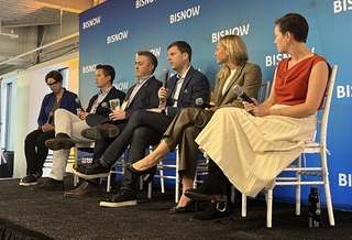 BXP's Heather Kahn, Convene's Brian Holland, Sage Realty's Alec Fomin, Savills' Scott Vinett, Cushman & Wakefield's Paige Engeldrum and Lowenstein Sandler's Julia Sanabria at Bisnow's New York Office and Workplace event Oct. 9, 2024.
