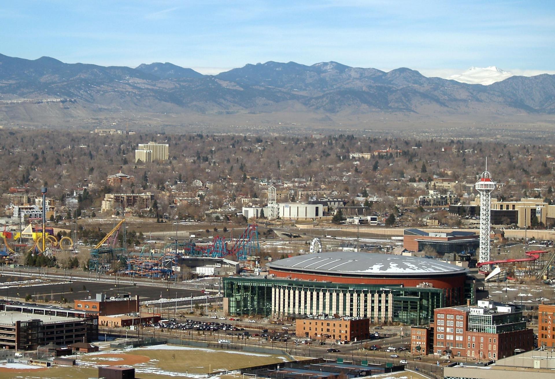A photo of Elitch Gardens as seen from downtown Denver