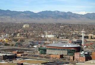 A photo of Elitch Gardens as seen from downtown Denver