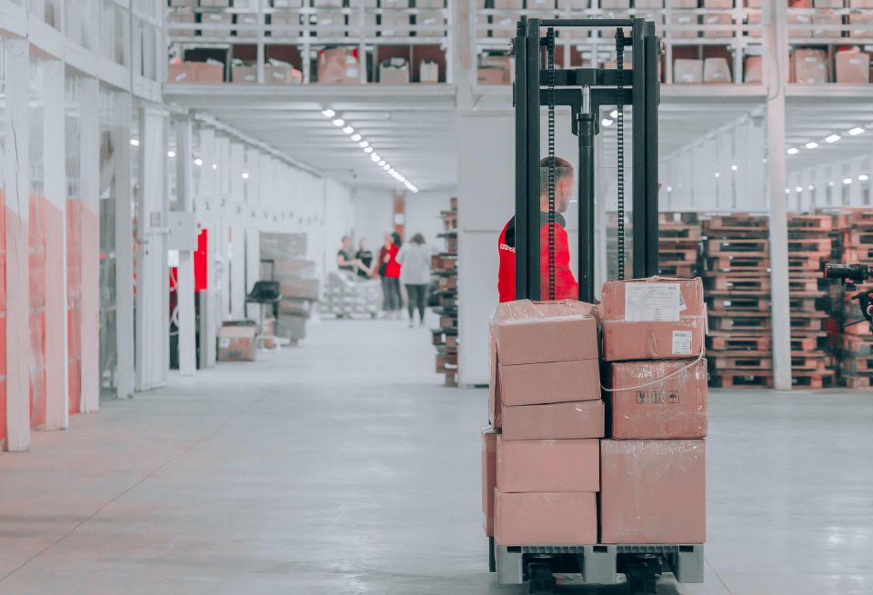 A forklift in a warehouse