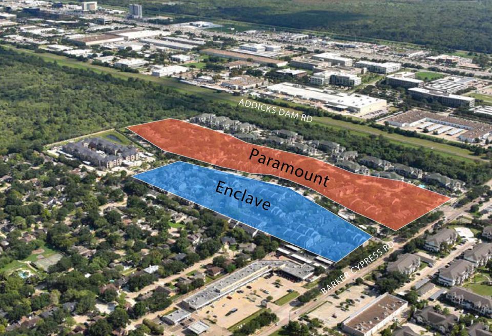 An aerial view of the two apartment communities that MC Cos. will combine to create The Place at Barker Cypress multifamily community.