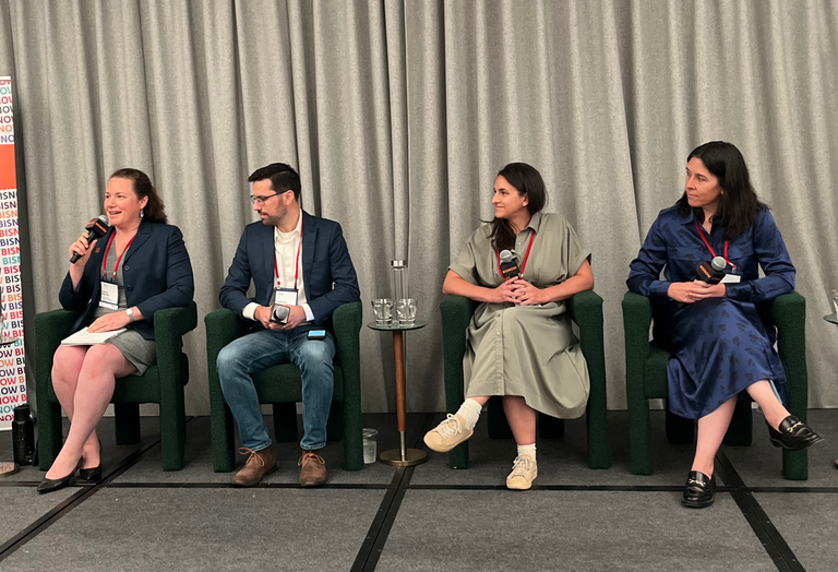Magnusson Architecture and Planning's Sara Bayer, Celsius Energy's Joshua Soble, Turner Construction's Rebecca Schmidt and Durst's Sydney Mainster onstage at Bisnow's 2025 National Sustainability and Energy Conference.