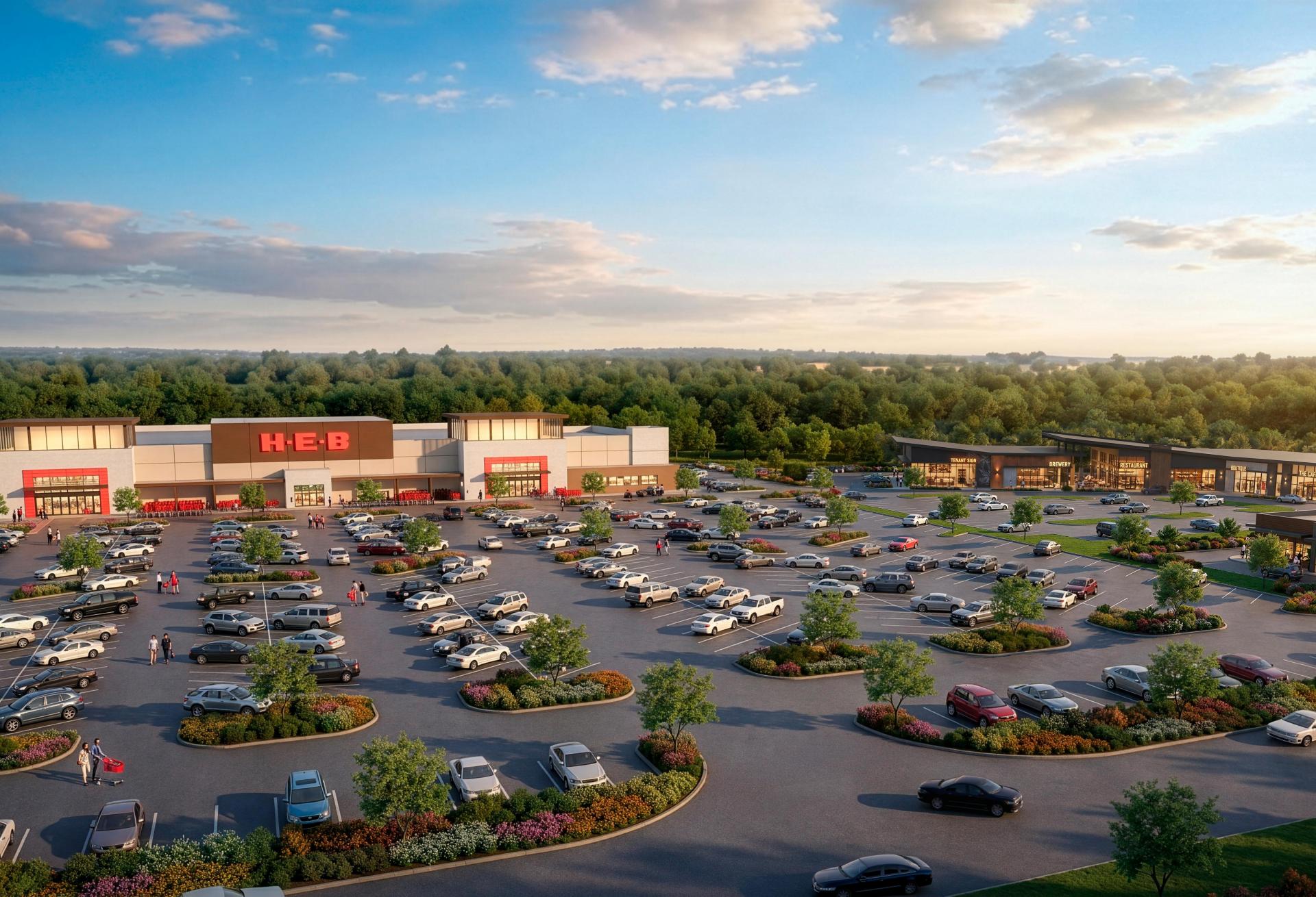 Rendering of an H-E-B supermarket and a strip of stores with a surface parking lot and trees behind