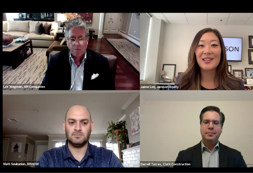 GPI Cos.' Lee Wagman, Jamison Realty's Jaime Lee, Clark Construction's Darrell Torres and Bisnow's Matt Seukunian discuss major Southern California construction projects during a Bisnow webinar