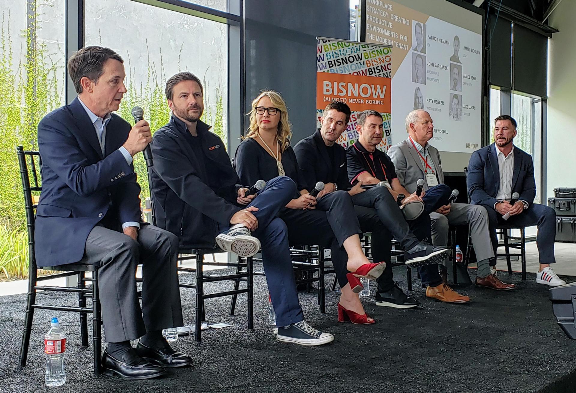EY's Patrick Niemann, Openpath's James Segil, Woods Bagot's Katy Mercer, ZGF's James Woolum, T-Mobile's Luke Lucas, Brookfield Properties' John Barganski and Pivot Interiors’ Edward Woodill discuss the office landscape at Bisnow's Future of Los Angeles Office at Tishman Speyer's 555 Aviation building in El Segundo.
