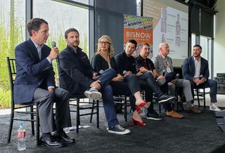 EY's Patrick Niemann, Openpath's James Segil, Woods Bagot's Katy Mercer, ZGF's James Woolum, T-Mobile's Luke Lucas, Brookfield Properties' John Barganski and Pivot Interiors’ Edward Woodill discuss the office landscape at Bisnow's Future of Los Angeles Office at Tishman Speyer's 555 Aviation building in El Segundo.
