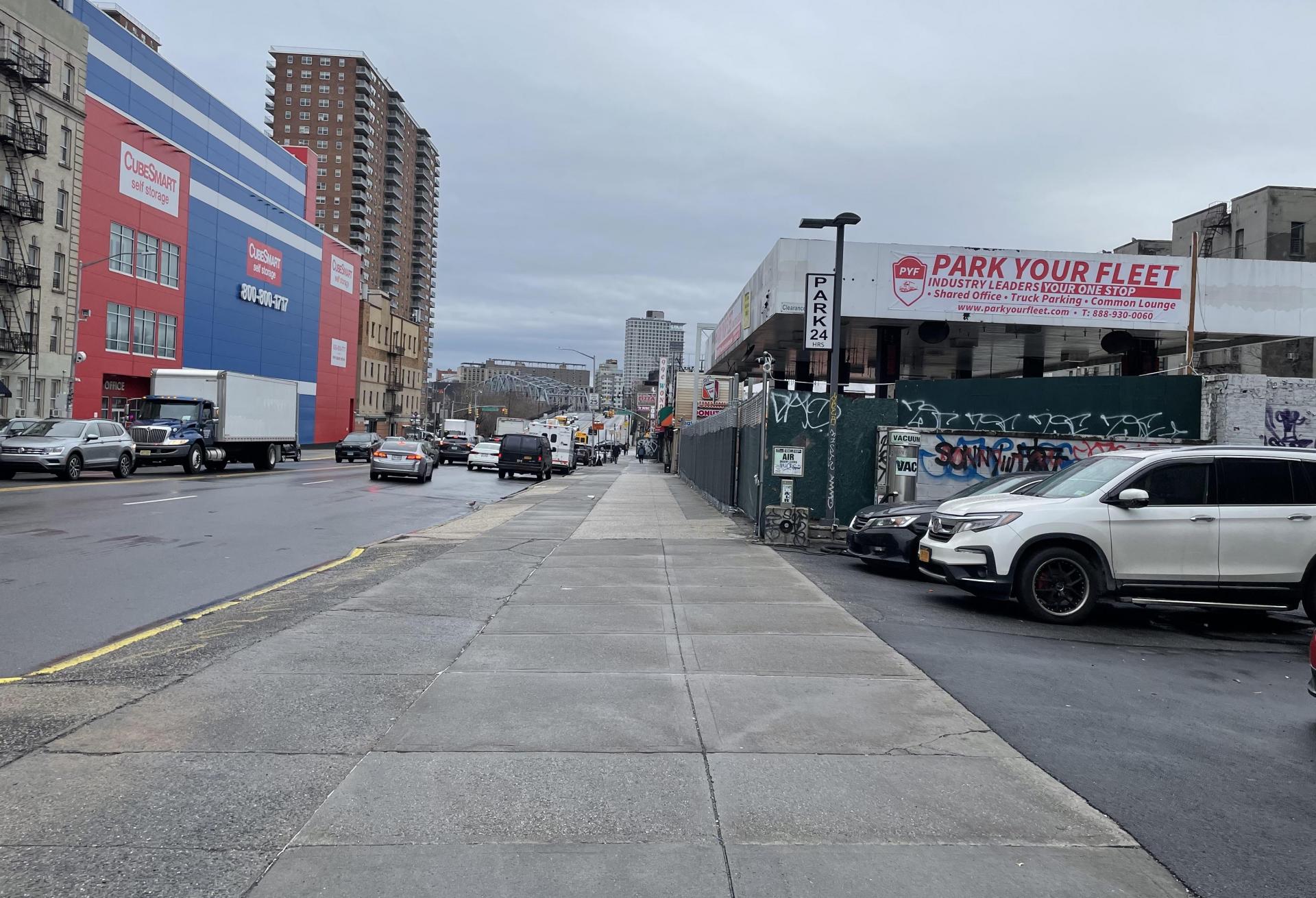 The truck depot on the site of Bruce Teitelbaum's planned housing development at 145th Street and Lenox Avenue in Harlem.