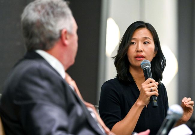 Mayor Michelle Wu speaking at the Greater Boston Chamber of Commerce's annual meeting.
