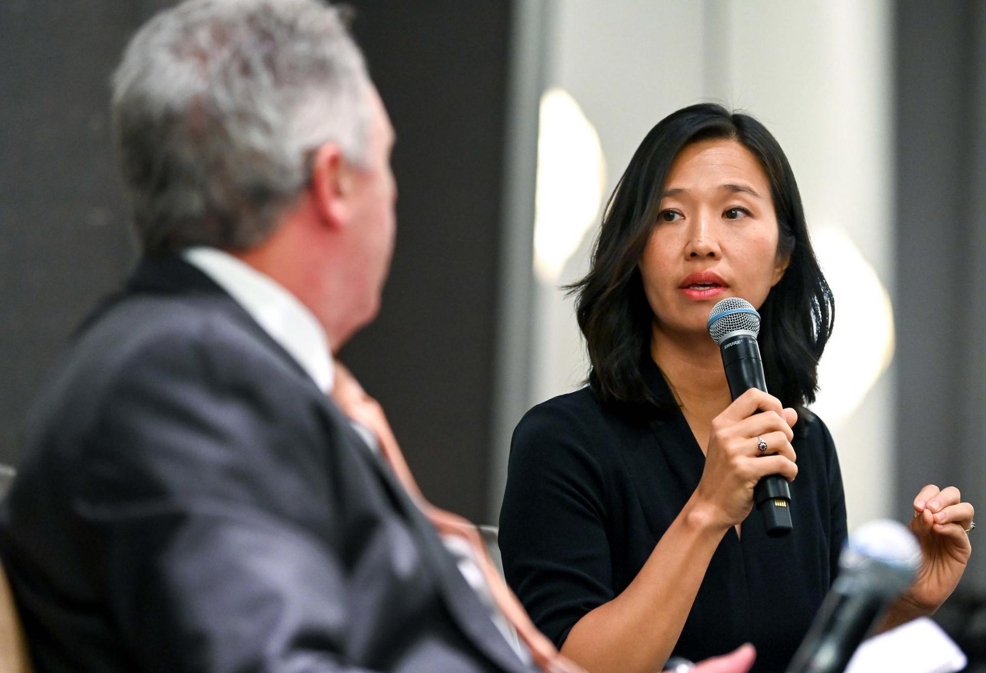 Mayor Michelle Wu speaking at the Greater Boston Chamber of Commerce's annual meeting.
