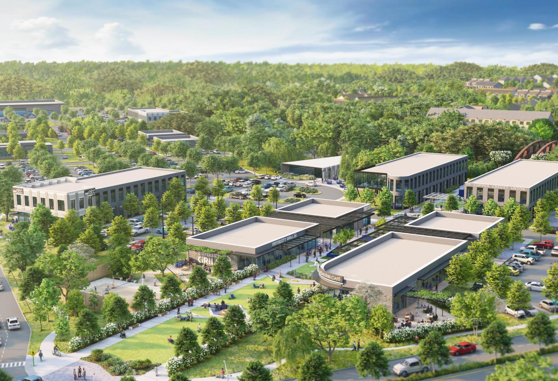 An aerial rendering of the Rivulet project.