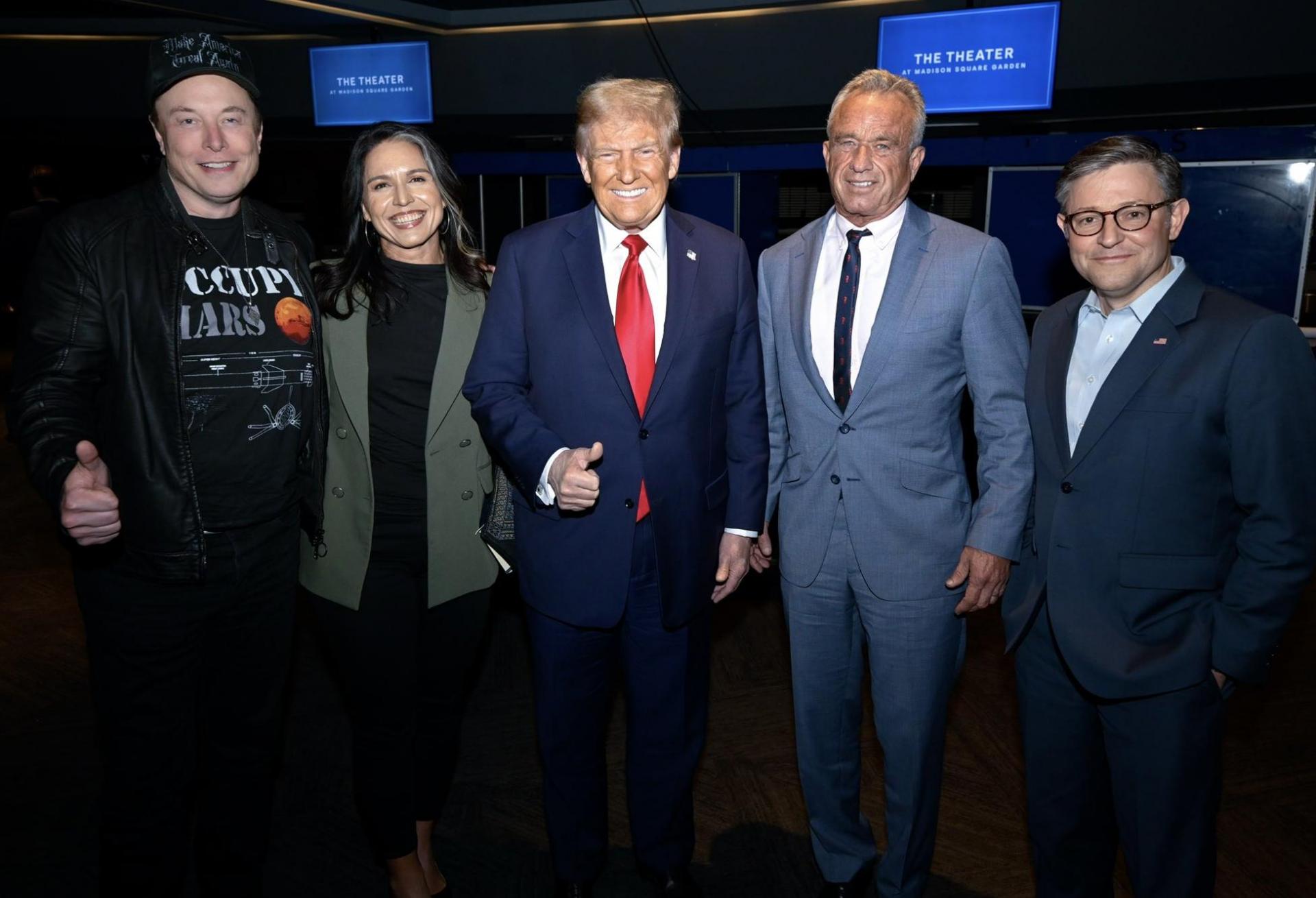 Elon Musk, Tulsi Gabbard, Donald Trump, Robert F. Kennedy Jr. and Mike Johnson attending a UFC fight in November, 2024.