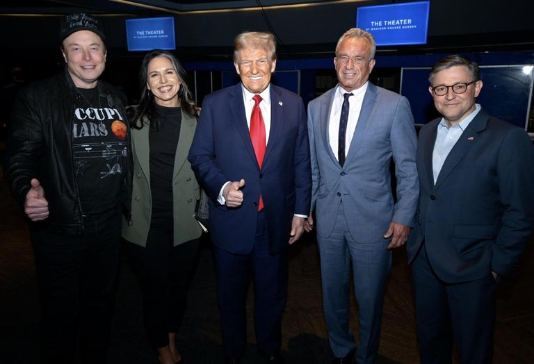 Elon Musk, Tulsi Gabbard, Donald Trump, Robert F. Kennedy Jr. and Mike Johnson attending a UFC fight in November, 2024.