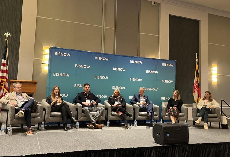 LG Electronics' Craig Andersch, Brookfield Multifamily's Rebecca Snyder, Parity's James Hannah, JLL's Mendowa Martin, Mint House's Christian Lee, Bozzuto's Jenna Miller and Torti Gallas + Partner' Sarah Alexander at Bisnow's Multifamily Annual Conference East on Dec. 5. 