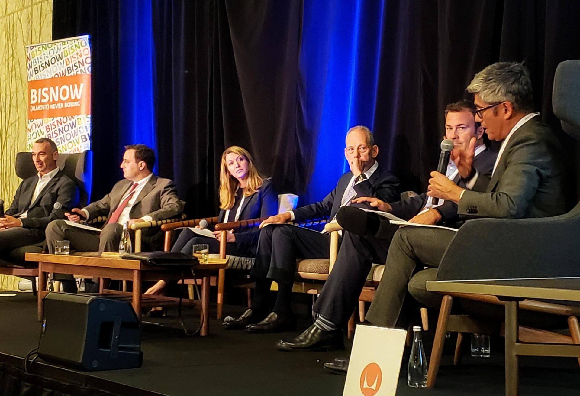 Pacific Medical Buildings' Jake Rohe, Hff's Evan Kovac, Trammell Crow's Nancy Moses, Seavest Healthcare Properties' Jonathan Winer, Meridian's John Pollock And Allen Matkins' Fernando Villa At Bisnow's National Healthcare West Event Pacific Medical Buildings' Jake Rohe, HFF's Evan Kovac, Trammell Crow Co.'s Nancy Moses, Seavest Healthcare Properties' Jonathan Winer, Meridian's John Pollock and Allen Matkins' Fernando Villa discuss healthcare and commercial real estate at Bisnow's National Healthcare West event June 20 at the JW Marriott in downtown Los Angeles.
