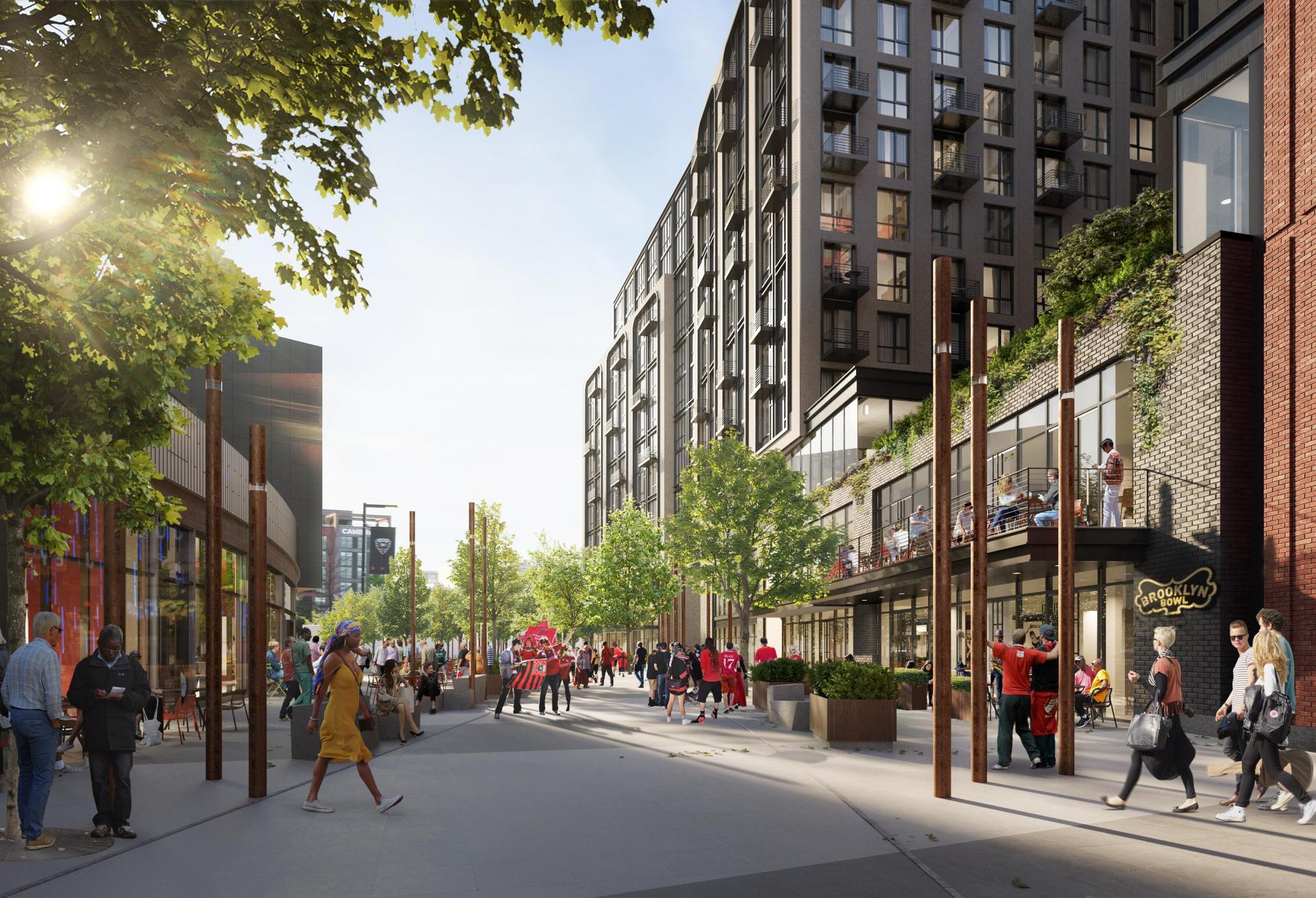 Rendering of the double-sided retail venue at Parcel B on Audi Field