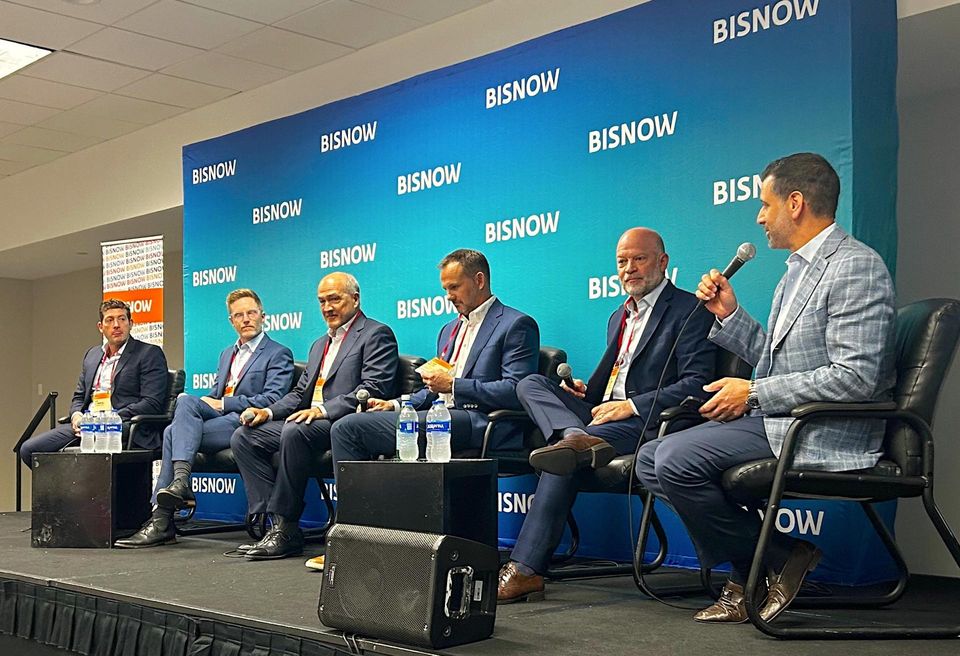 Cymbal DLT's Asi Cymbał, Ocean Land's Brandon Spirk, Suffolk's Jay Fayette, Juneau Construction Co.'s Russ Beck, Two Road's Development's Brad Meltzer and Global Pro's Daniel Odess on a panel at Bisnow's Construction and Development event in Miami on May 24.