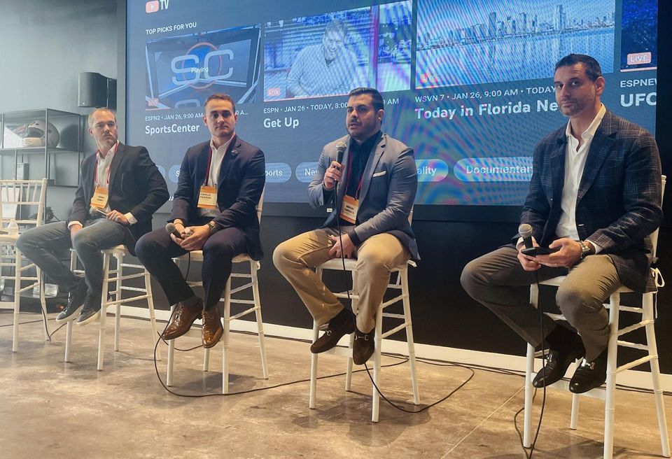 Developers during the first panel at Bisnow’s event on the transformations of Wynwood, Allapattah and Little Havana neighborhoods in Miami on Thursday, Jan. 26, 2023 at Hagerty Garage + Social venue at 355 NE 71 Street in Miami. Pictured from left to right: Qualcon Real Estate's CEO Thomas Conway, Lloyd Jones' Camilo Padron, Arnaldo Cantero III from BGRS Commercial Real Estate Advisory and Global Pro's Founder & President Daniel Odess.