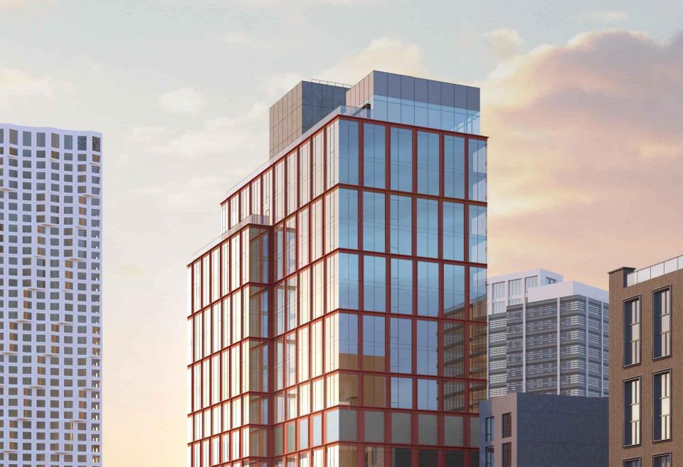 A partial rendering of 15 Hanover Place, whose developers Lonicera Partners secured a $134M construction loan this week.