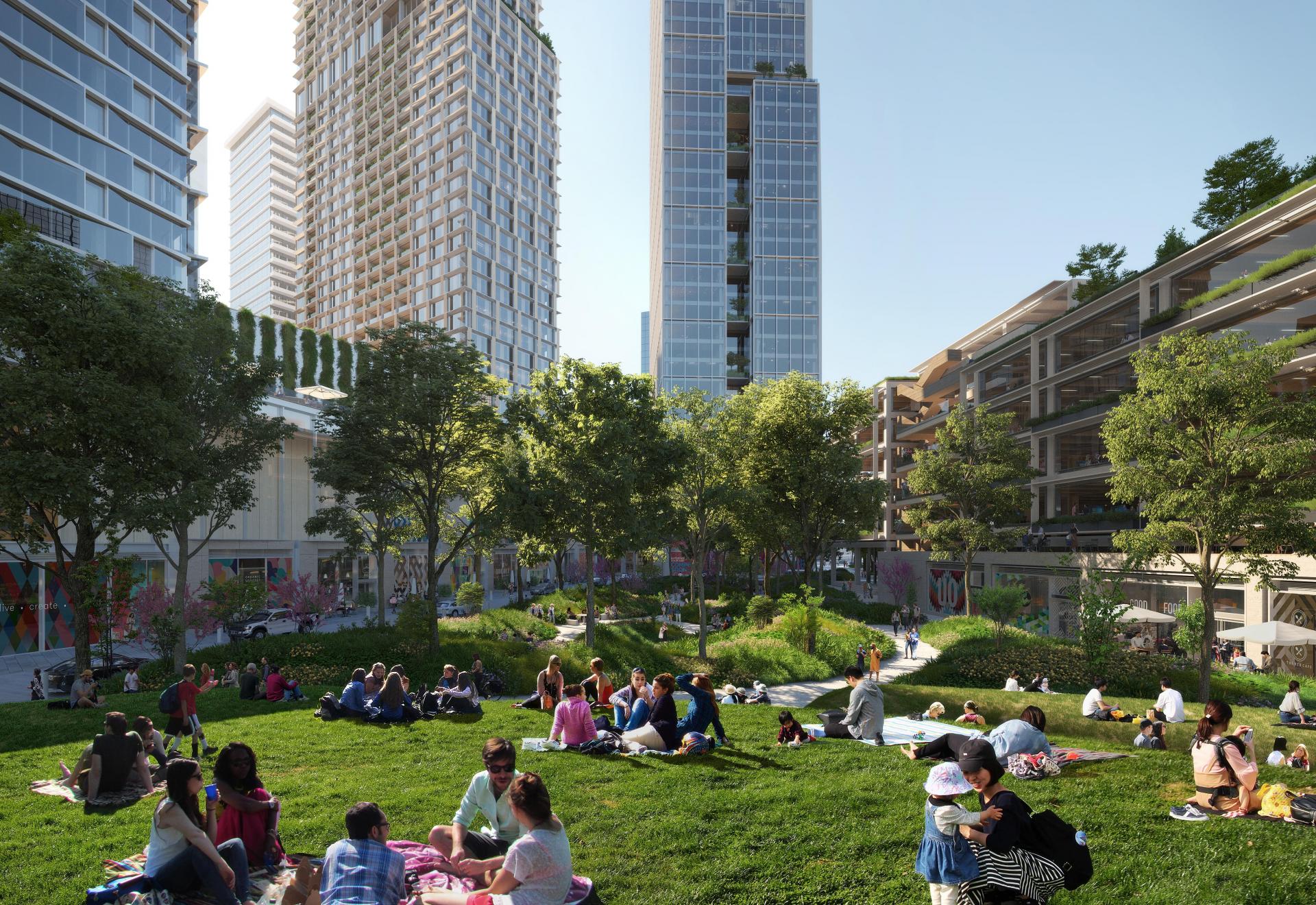rendering of people in a park with buildings behind them 
