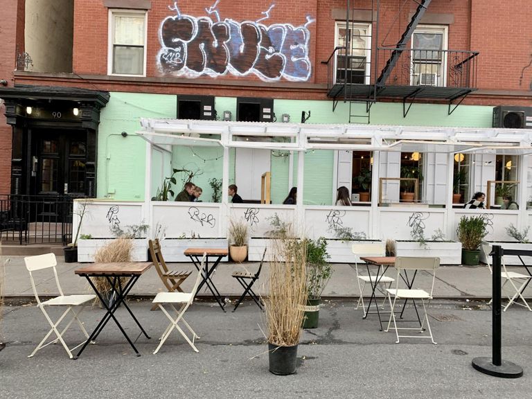 An East Village restaurant's outdoor dining setup in December 2020 