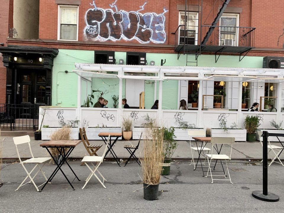 An East Village restaurant's outdoor dining setup in December 2020