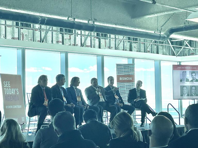 State of the Market Living and Working in Miami Panel. From left to right: Craig Studnicky, CEO, ISG World & Related ISG; Carlos Rosso, Founder, Rosso Development; Carlos Melo,Principal, Melo Group; Eric Green, Partner, Cohn Reznick; Brian Gale, Vice Chairman, Cushman & Wakefield and Moderator Ira Teicher, Partner, Stroock & Stroock & Lavan on Tuesday, Oct. 26, 2022 at the Wells Fargo Financial Center in Brickell.