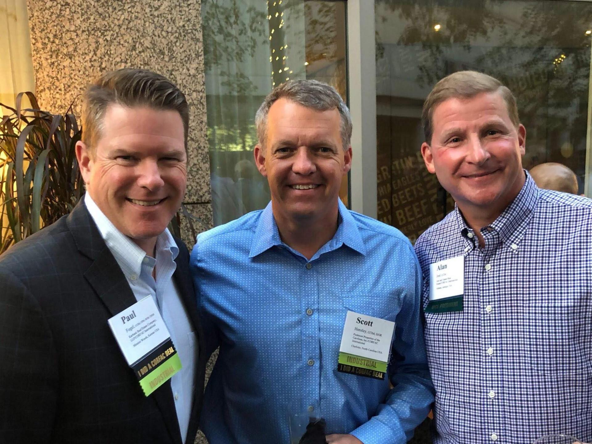 Paul Fogel, Karbank Real Estate Co./CORFAC International in Mission Woods, Kan.; Scott Hensley, Piedmont Properties of the Carolinas/CORFAC International in Charlotte, N.C.; and Alan Joel, Joel & Granot Real Estate/CORFAC International in Atlanta, CORFAC International’s 2020 president.
