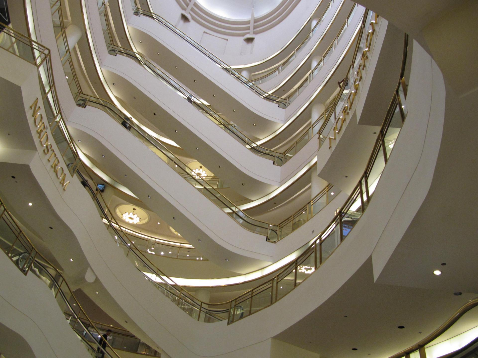 Interior photo of escalators in downtown SF mall
