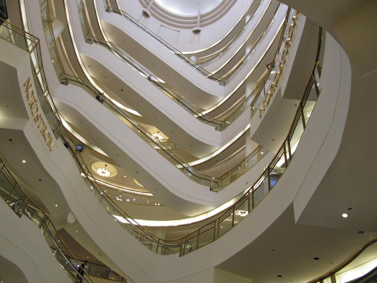 Interior photo of escalators in downtown SF mall