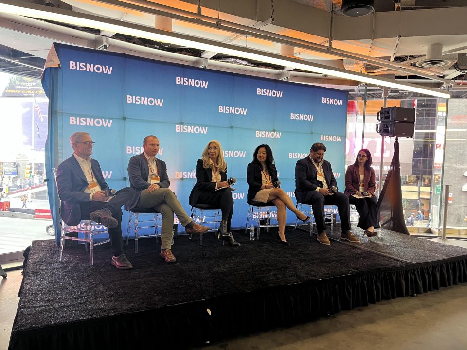 Feil Organization's Randall Briskin, Marx Realty's Henry Henderson, Retail by MONA's Virginia Pittarelli, Madison International Realty's Sunny Choi, Tri State Commercial Realty's Richard Babeck and Tannenbaum Helpern's Michelle Greenberg onstage at Bisnow's 2026 New York Retail Conference.