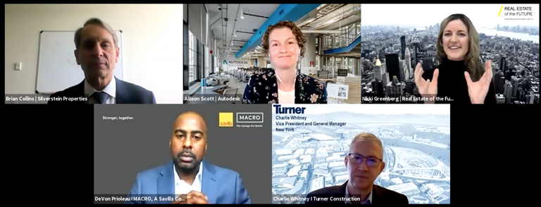 Clockwise from top left: Brian Collins, Autodesk Construction Thought Leadership Director Allison Scott, Real Estate of The Future Founder Nikki Greenberg, Turner Construction Vice President and New York General Manager Charlie Whitney, MACRO Director DeVon Prioleau