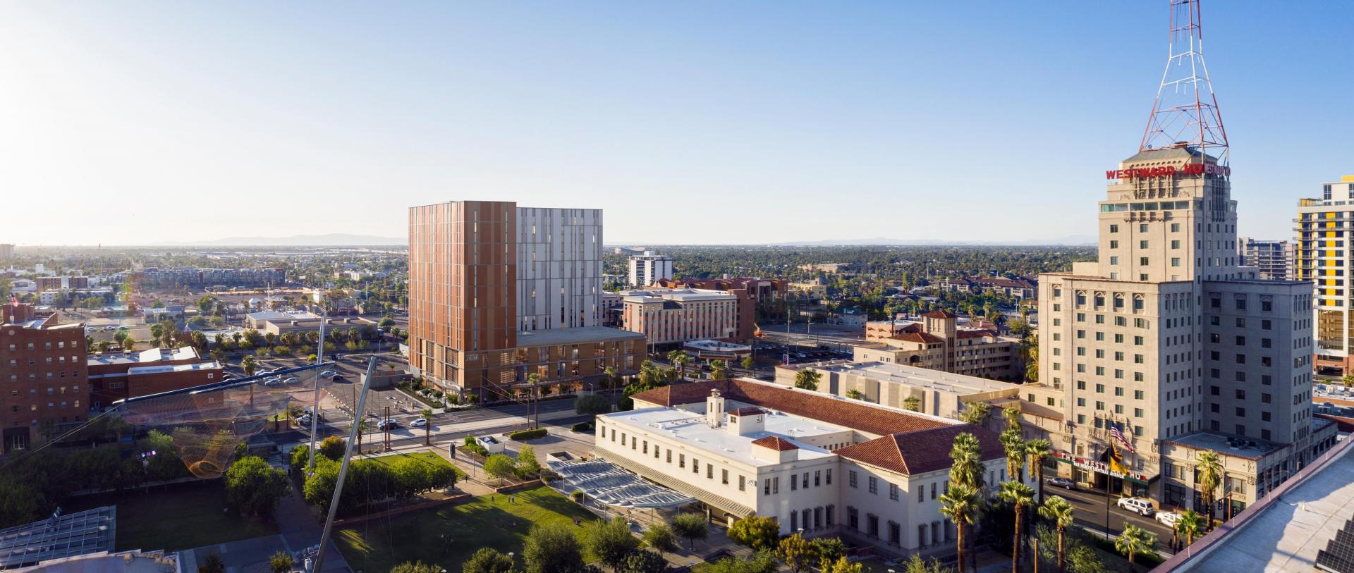 The downtown Phoenix skyline with the new ASU residential building scheduled to open fall 2021. 