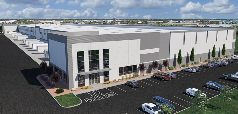 A rendering of Axis Northwest Distribution Center, a 201.2K SF speculative front-load distribution building in northwest Houston.