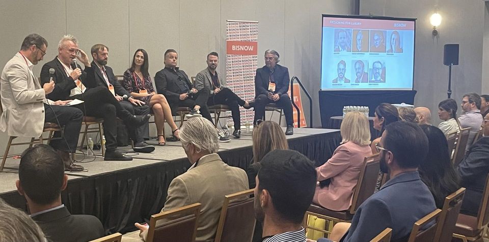 From left to right: Moderator: Kenneth Roberts Principal, Interior Talent; Timothy Archambault Director Americas, Oppenheim Architecture; Johan Hansen Director, KPF; Pinar Harris Principal and vicepresident, SB Architects; Kobi Karp President, Kobi Karp Architecture & Interior Design; Giovanni Medina Associate Senior Designer, OBMI; Reinaldo Borges Principal, Borges+ Associates Architects and Bisnow's Jordan Hinsch, Florida Sales Director.