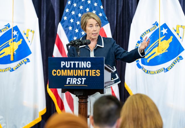 Gov. Maura Healey at the Tuesday press conference on data center rules.