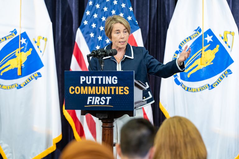 Gov. Maura Healey at the Tuesday press conference on data center rules.