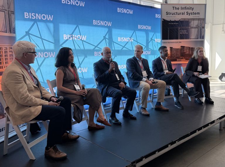 Groom Construction’s Dave Groom, Madison Park Development’s Intiya Ambrogi-Isaza, Rockland Trust Bank’s Richard Muraida, POAH’s Cory Fellows, JGE Development’s Jonathan Garland and Sullivan & Worcester’s Karen Kepler.