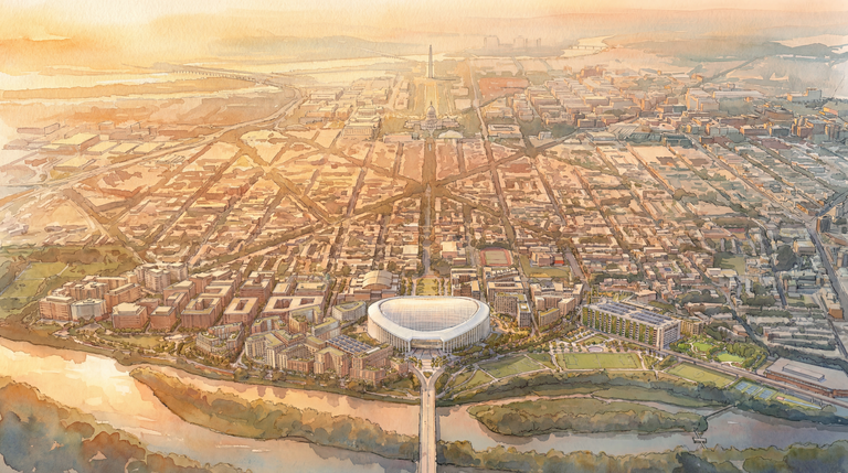 aerial rendering looking west over stadium