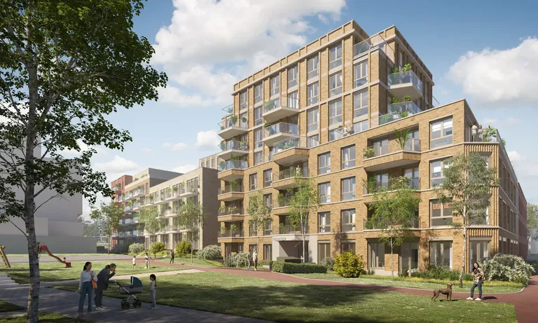 Modern residential building with balconies, surrounded by greenery. People are walking, and a mother with a stroller engages with a child.