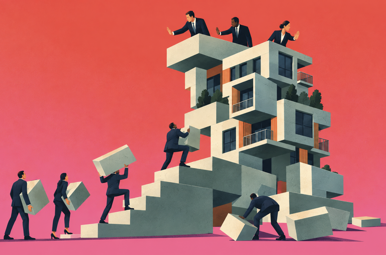 People in suits collaborate, carrying and assembling large concrete blocks to construct a modern building against a vibrant red background.