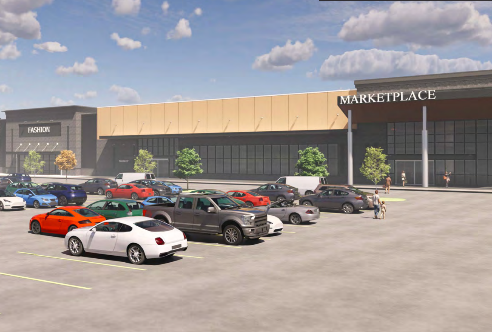 A busy mall parking lot with various cars parked in front of a large shopping complex labeled "Marketplace" under a partly cloudy sky.