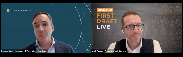 Two men on a video call, one with a JLL background, the other with a Bisnow First Draft Live background, both wearing business attire.