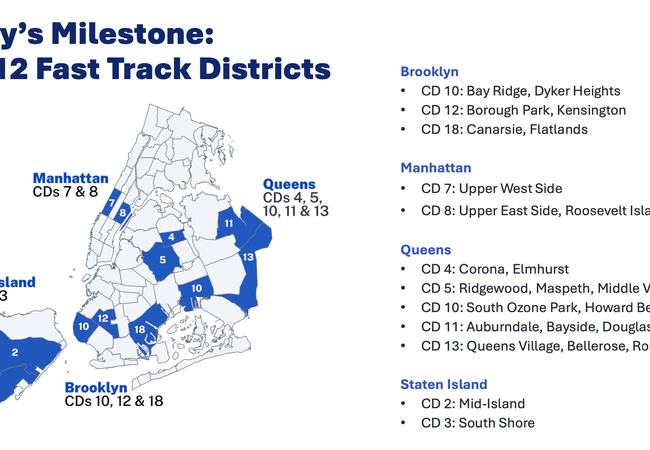 Map showing the 12 Fast Track Districts in NYC with locations in Brooklyn, Manhattan, Queens, and Staten Island, highlighted in blue.